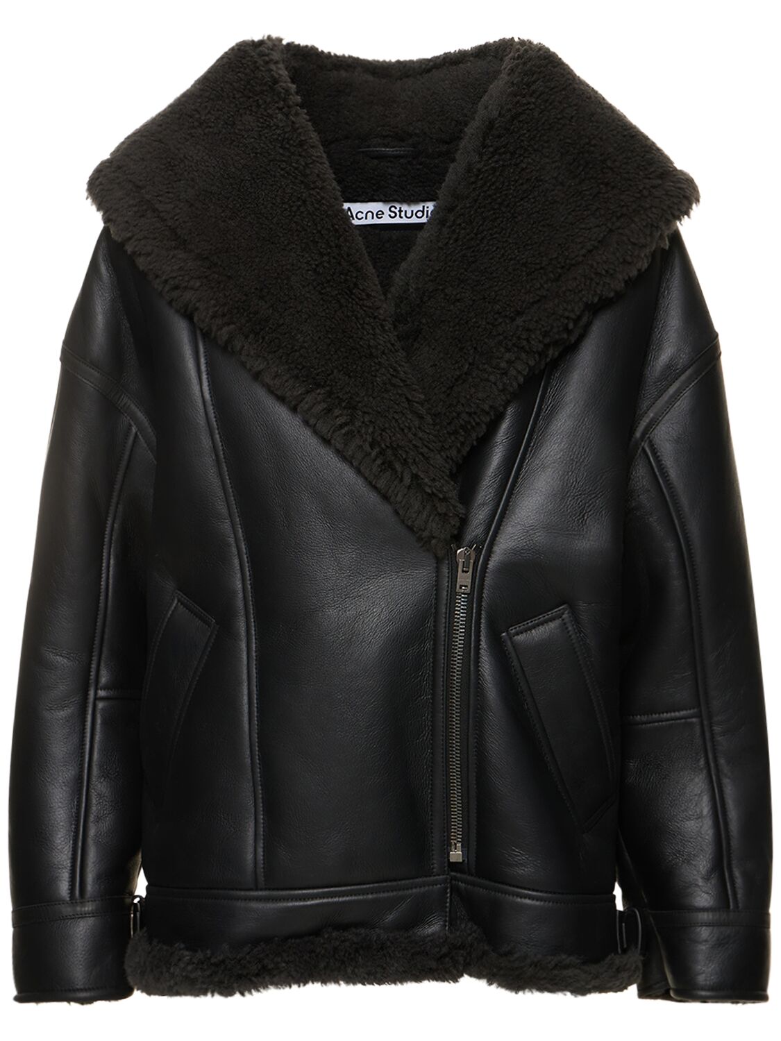 Acne Studios Leather Shearing Jacket W/shawl Collar In Black