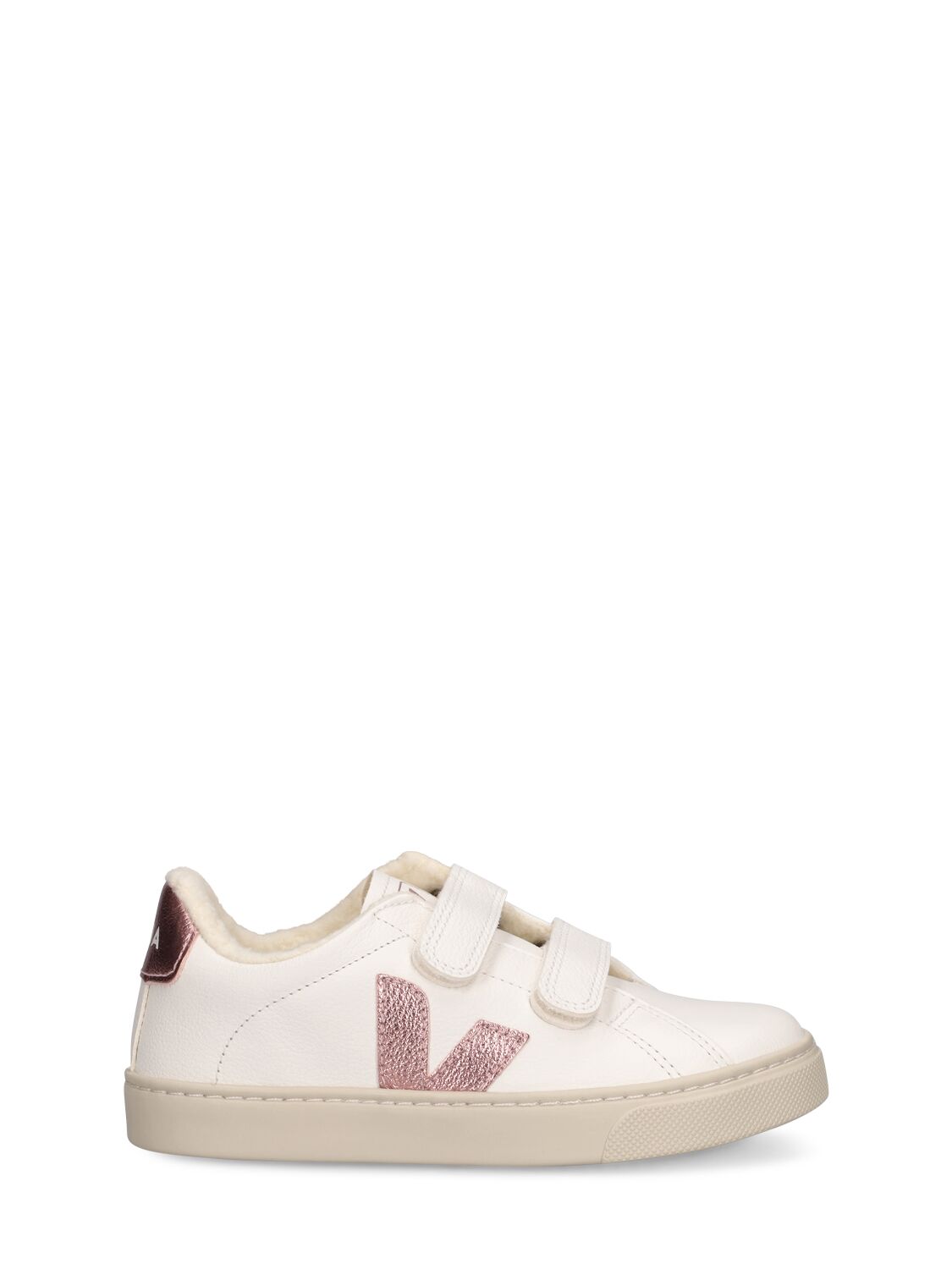 Veja Kids' Esplar Chrome-free Leather Strap Sneaker In White,pink