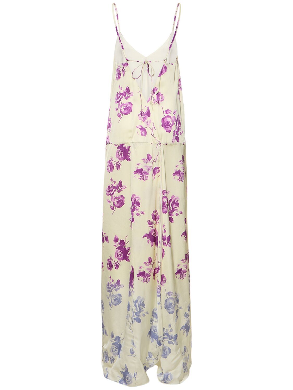 Shop Jil Sander Rose Print Viscose Satin Long Dress In Multi,ivory