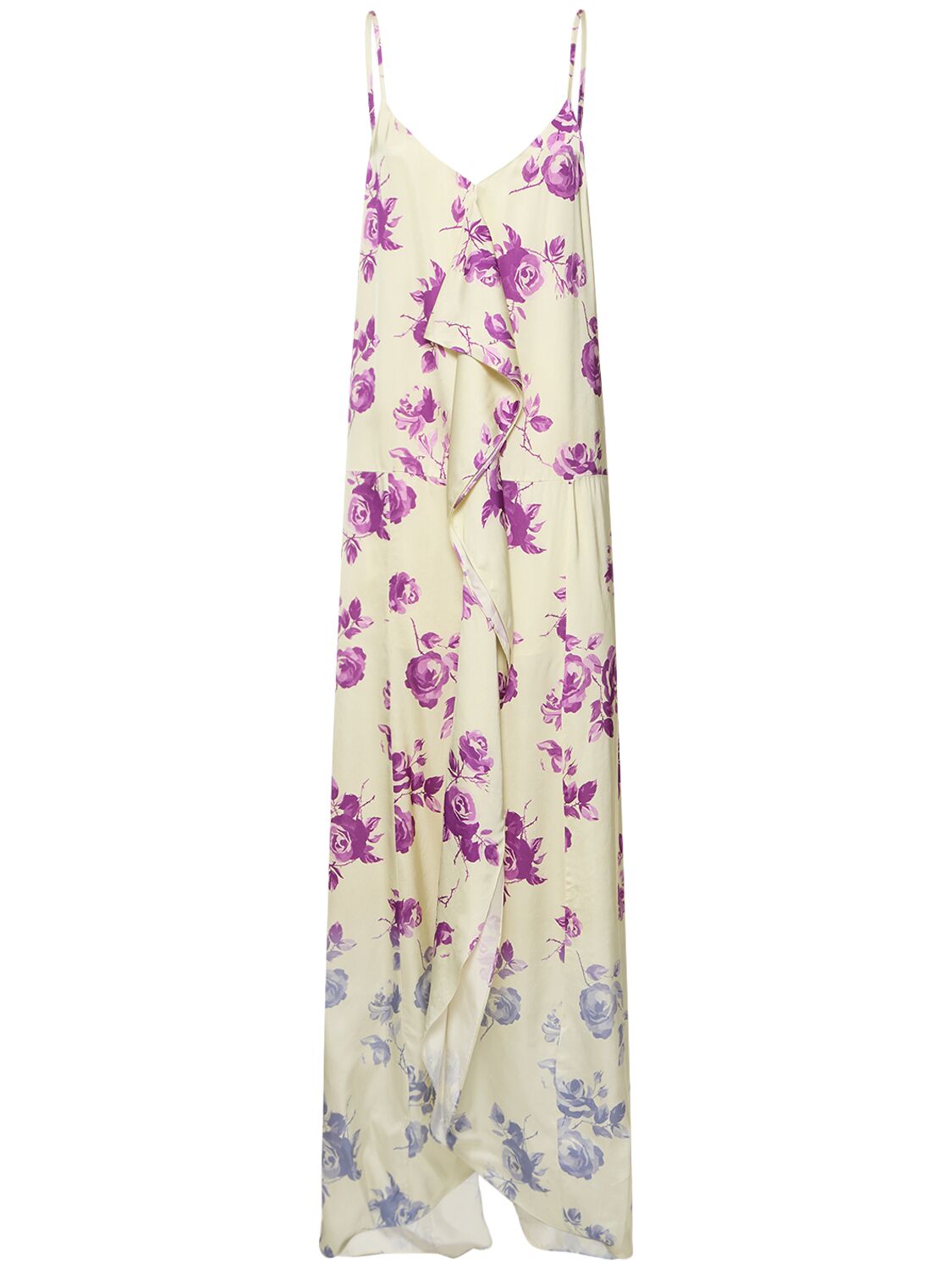 Image of Rose Print Viscose Satin Long Dress