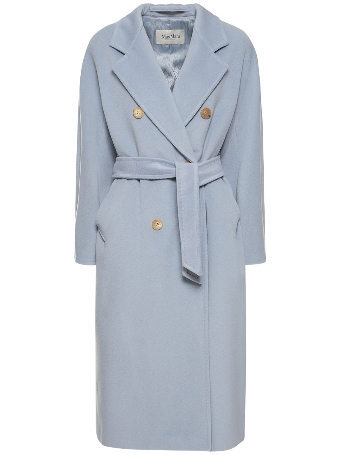 Shop Max Mara Madame Wool Beaver Belted Long Coat In Light Blue