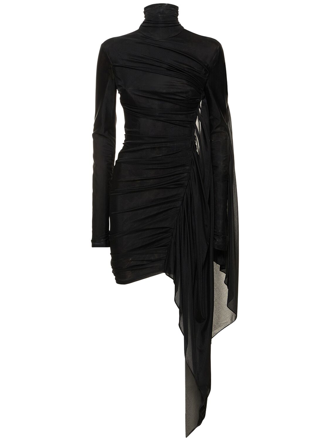 Mugler Draped Tulle & Jersey Midi Dress In Black