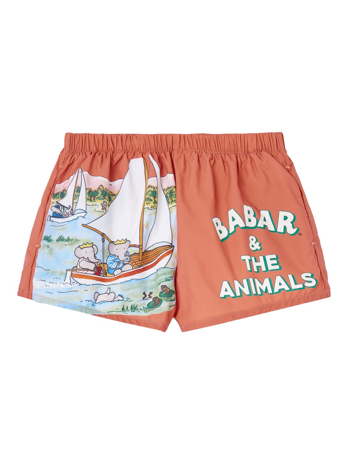 The Animals Observatory Kids' Elephant Printed Nylon Swim Shorts In Deep Orange
