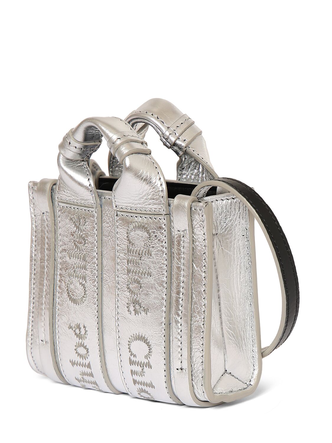 Shop Chloé Micro Woody Metallic Leather Tote Bag In Silver