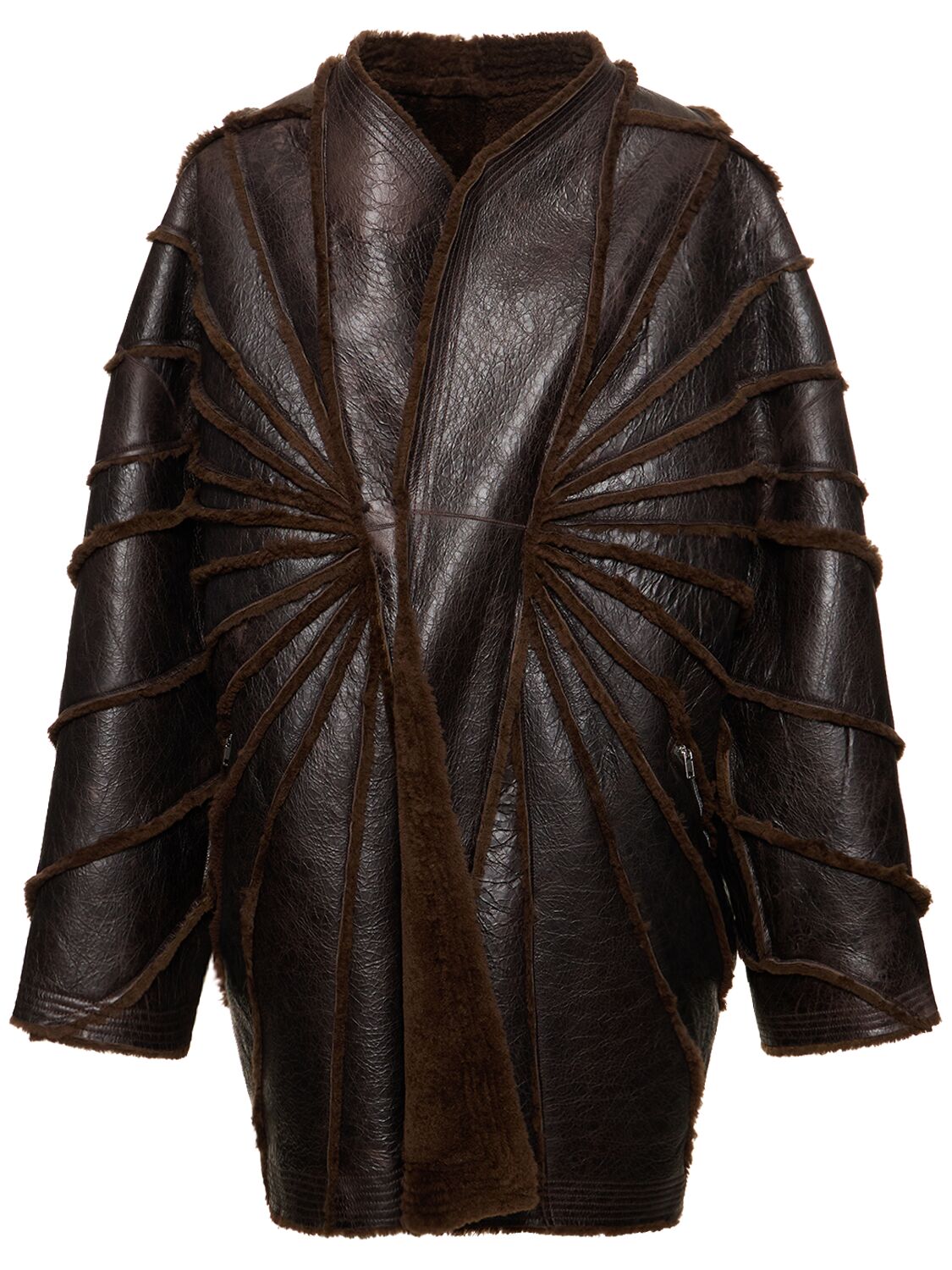 Rick Owens Reversible Shearling & Leather Overcoat In Brown