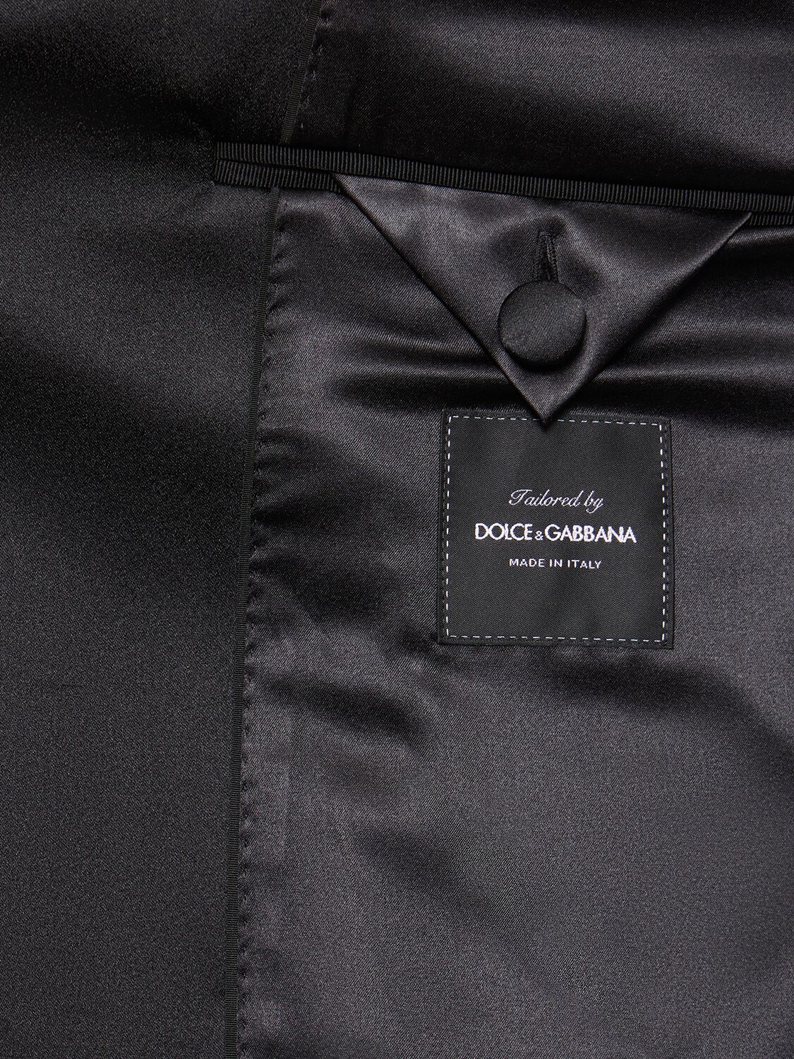 Shop Dolce & Gabbana Wool Crepe Double Breasted Long Coat In Black