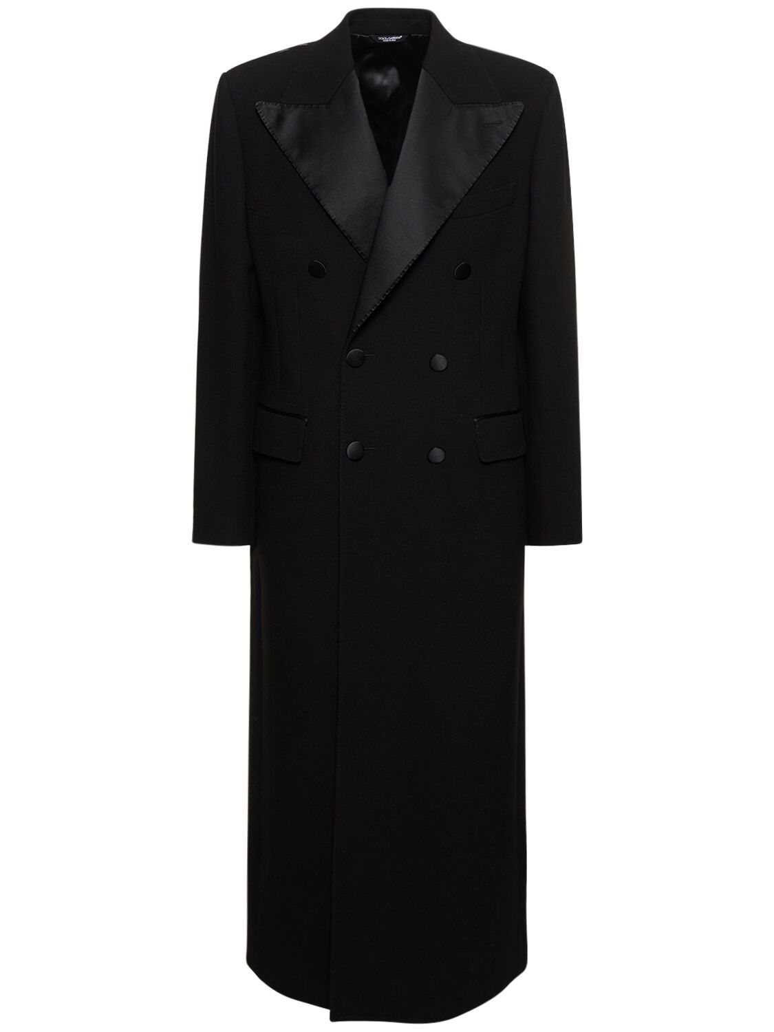 Dolce & Gabbana Wool Crepe Double Breasted Long Coat In Black