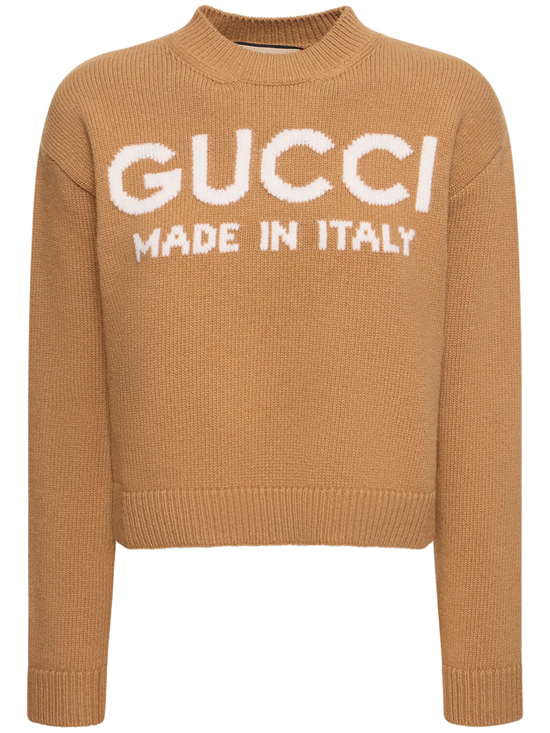 Gucci Supergee Wool Crewneck Sweater In Camel,ivory