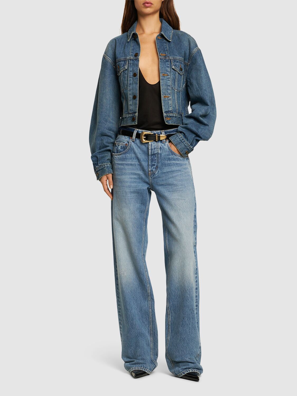 Shop Saint Laurent 80's Cotton Denim Jacket In Vintage Blue