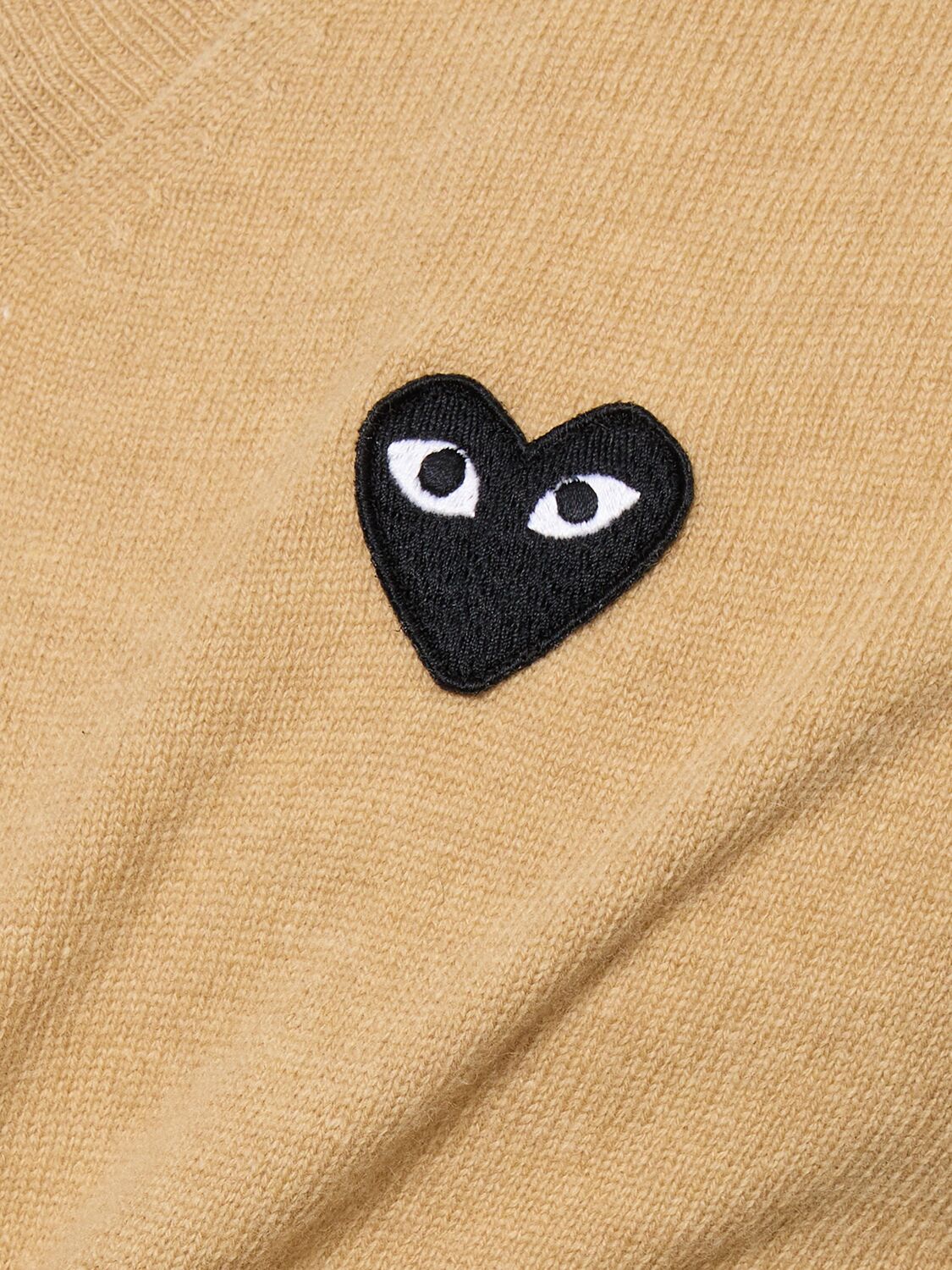 Shop Comme Des Garçons Play Play Logo Knit Wool V-neck Sweater In Beige