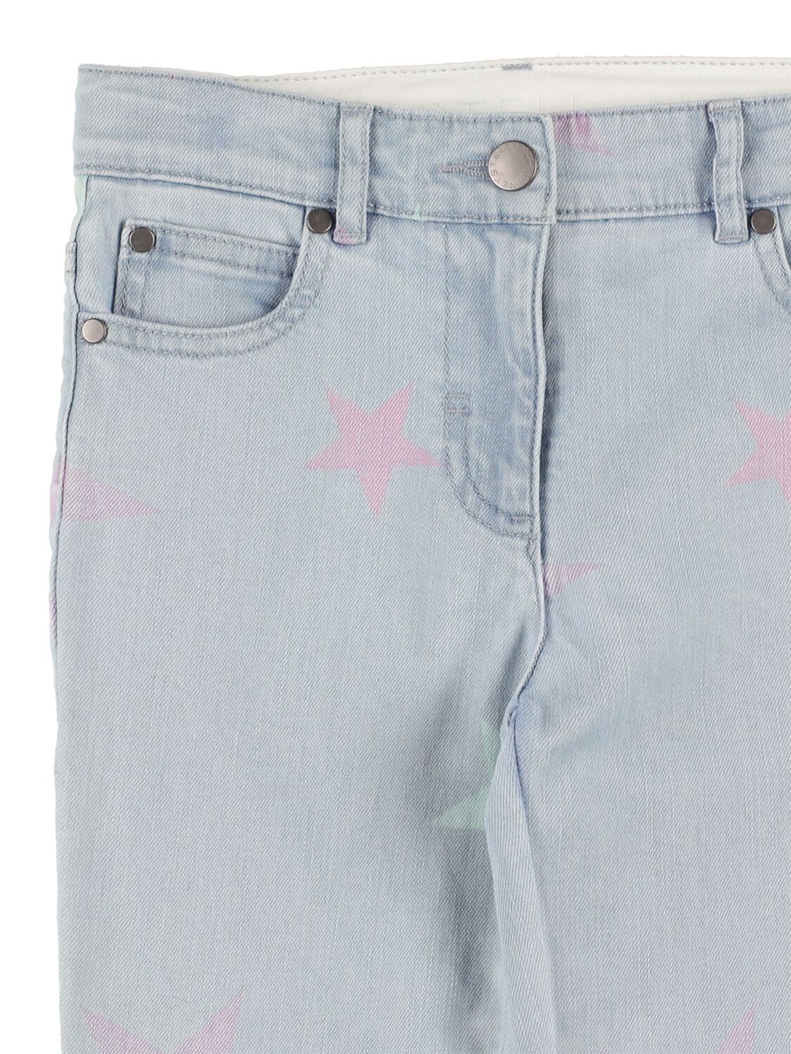 Shop Stella Mccartney Stars Print Stretch Cotton Denim Pants In Bunt