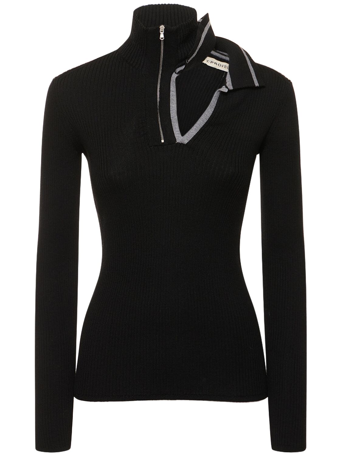 Double Collar Rib Knit Fitted Sweater