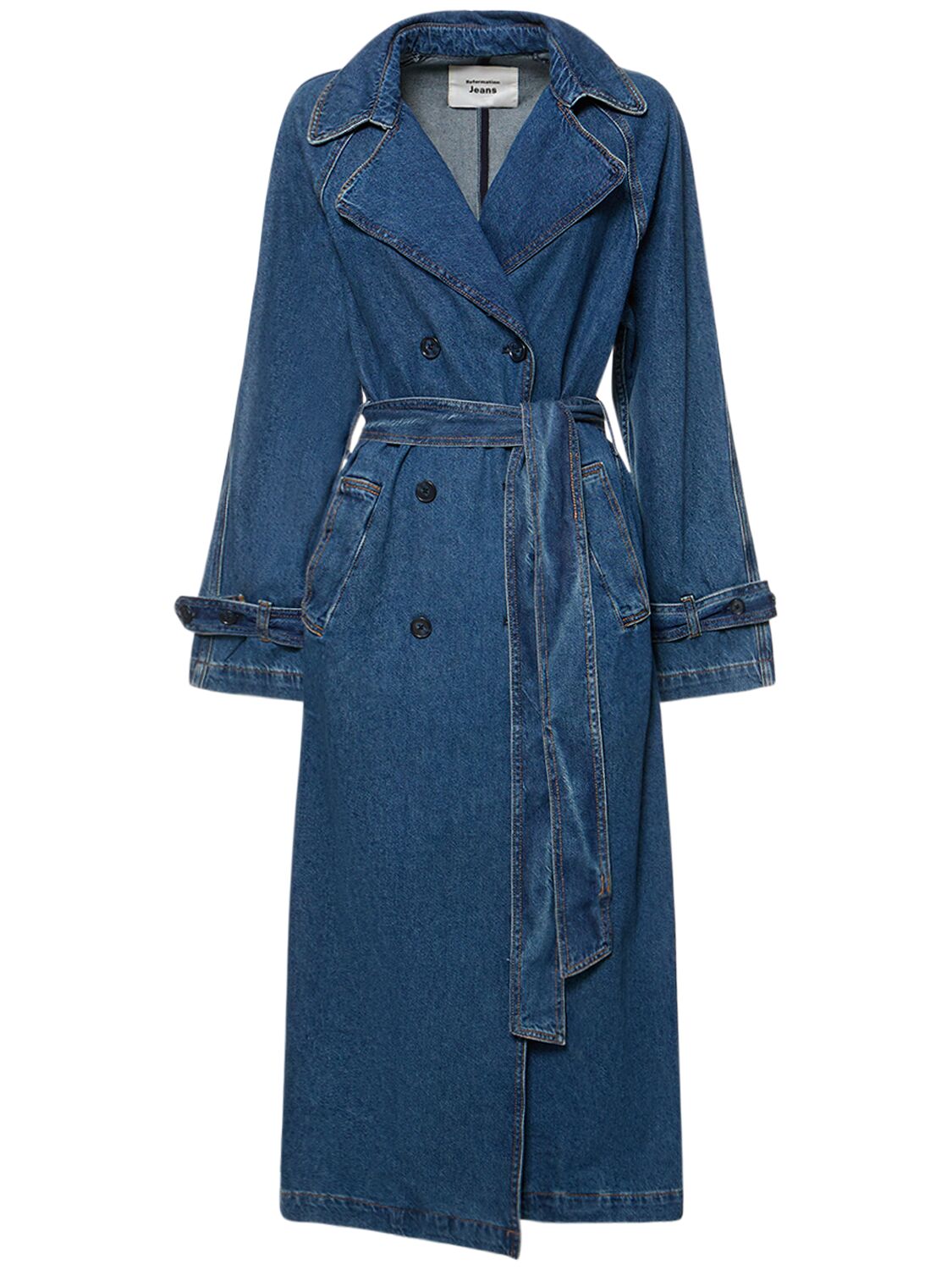 Reformation Hayes Cotton Denim Trench Coat In Blue