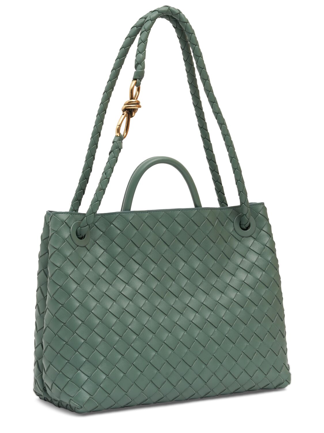 Shop Bottega Veneta Medium Andiamo Leather Top Handle Bag In Aloe