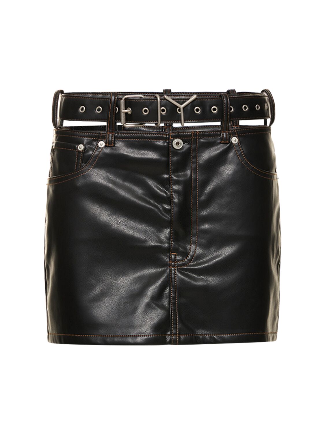 Shop Y/project Faux Leather Mini Skirt W/logo Belt In Black