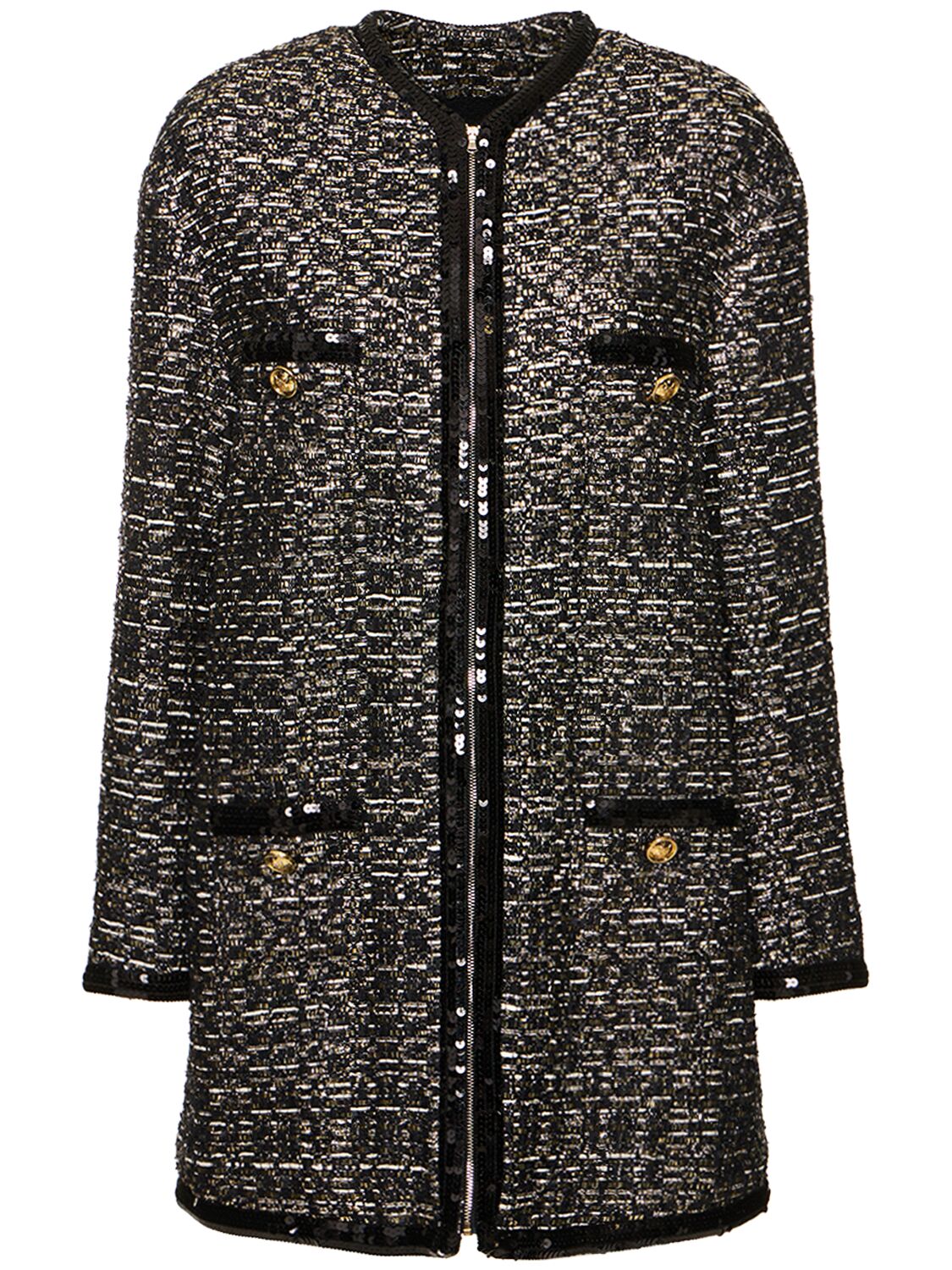 Shop Giambattista Valli Lurex Tweed Collarless Coat In Black,gold
