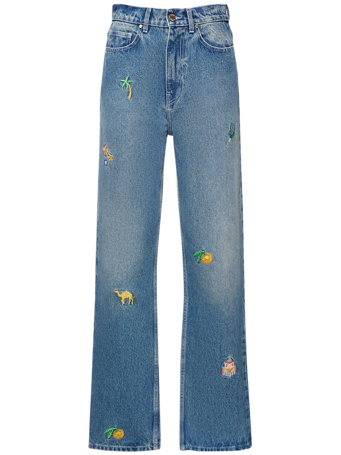 Casablanca Embroidered Denim Straight Jeans In Blue
