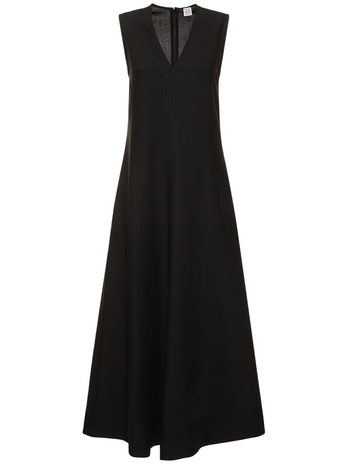 Shop Totême Fluid V-neck Linen Blend Midi Dress In Black