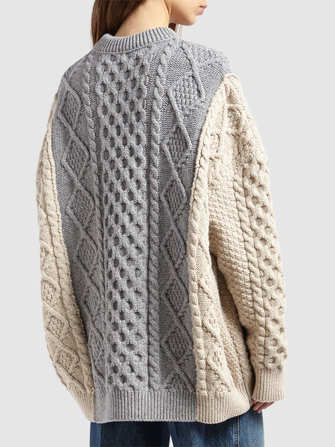 Shop Bottega Veneta Aran Knit Wool Blend Oversize Sweater In Beige,grey