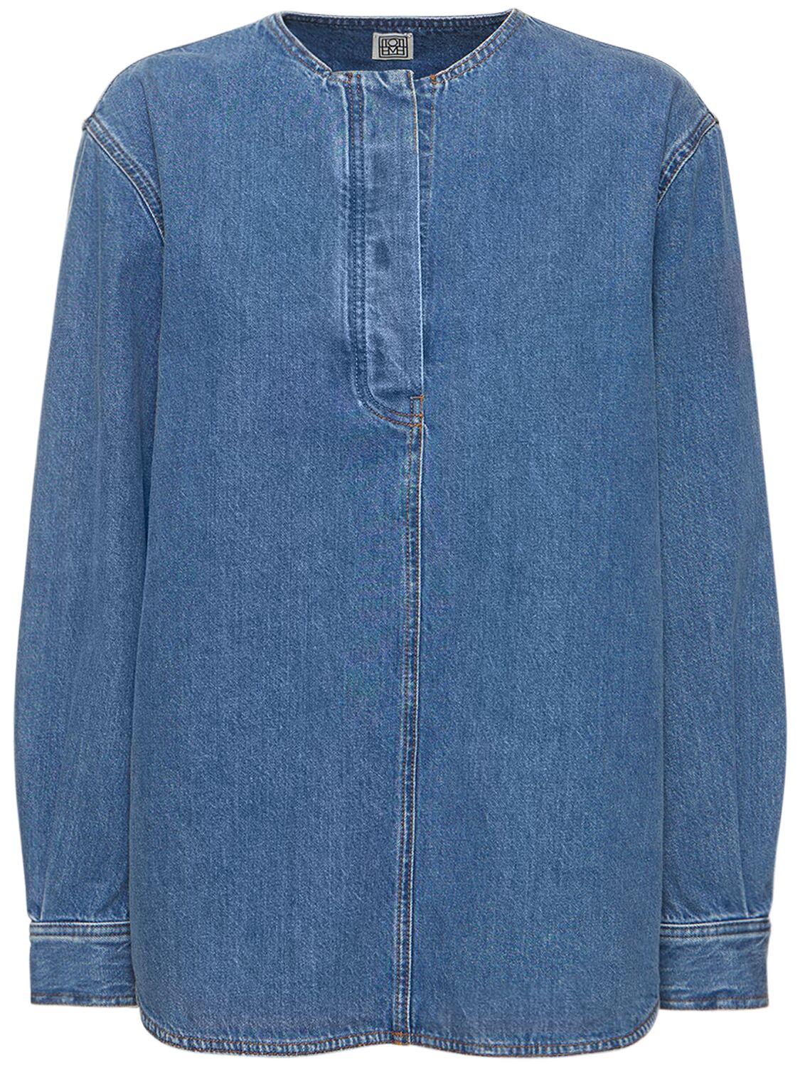 Shop Totême Collarless Cotton Denim Shirt In Blue