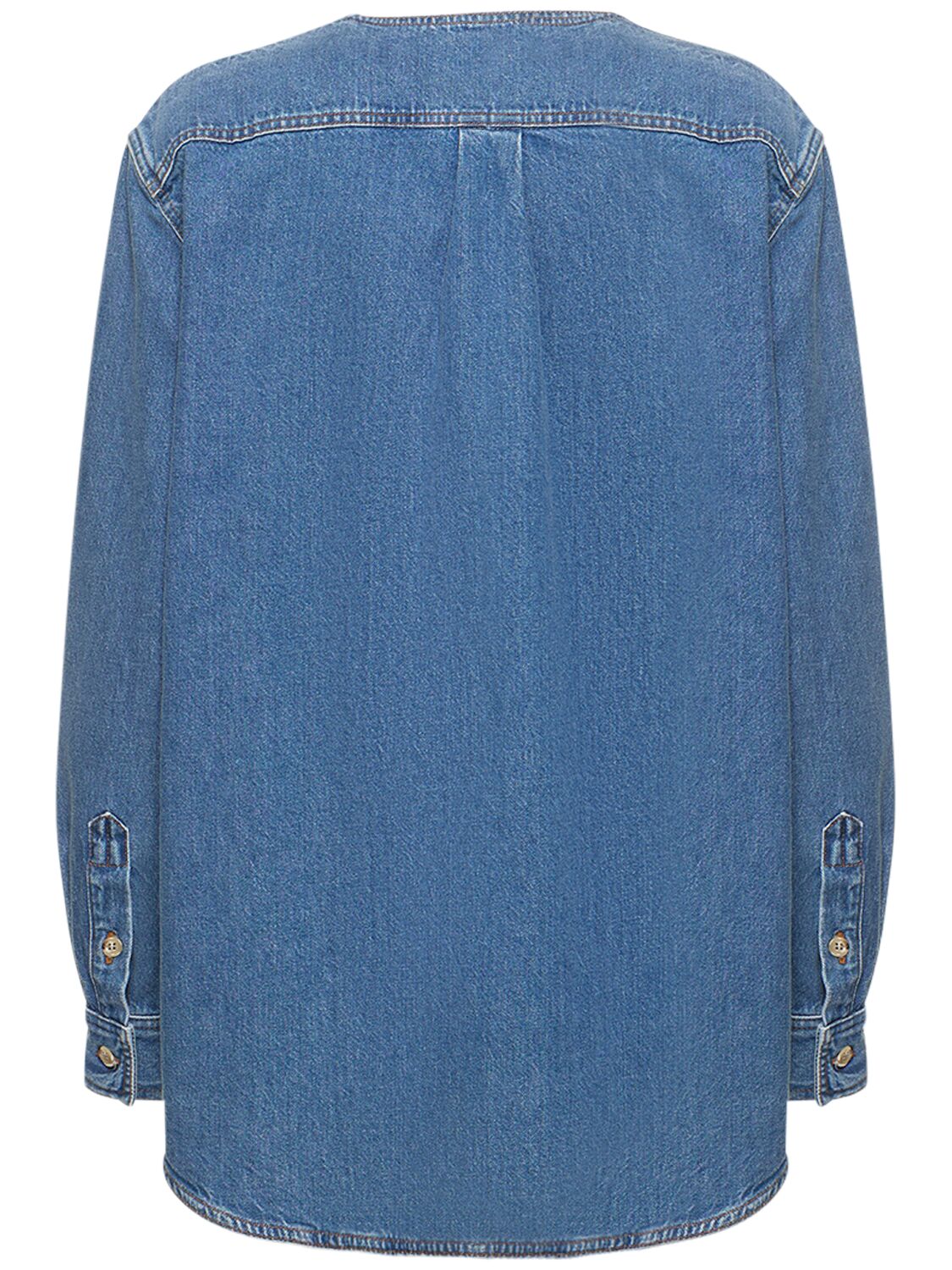 Shop Totême Collarless Cotton Denim Shirt In Blue