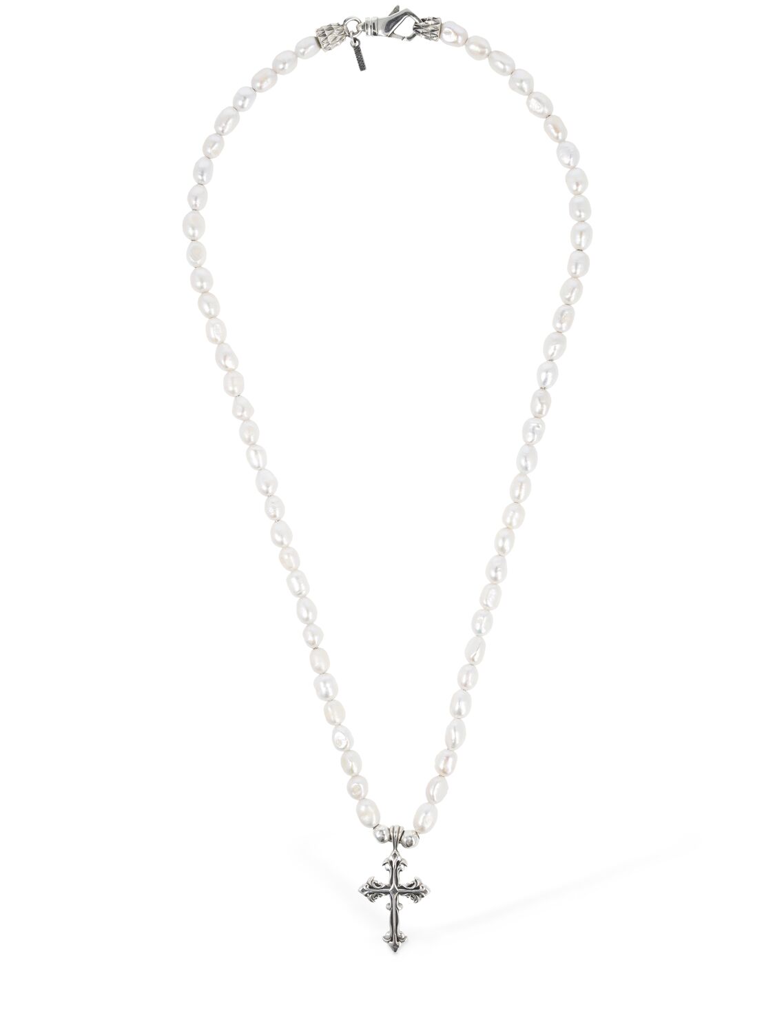Emanuele Bicocchi Avelli Cross Small Pearl Necklace In Pearl,silver