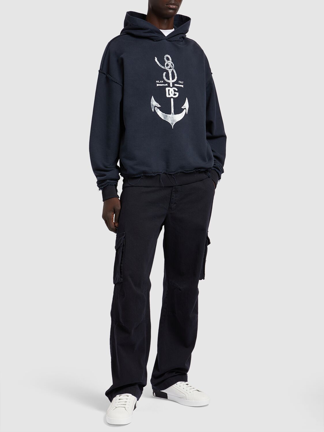 Shop Dolce & Gabbana Printed Washed Cotton Jersey Hoodie In Blue Scurissimo