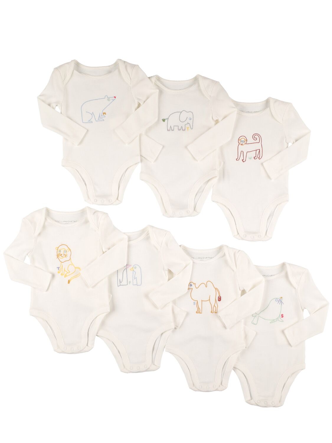 Stella Mccartney Babies' Set Of 7 Printed Cotton Jersey Bodysuits In Weiss