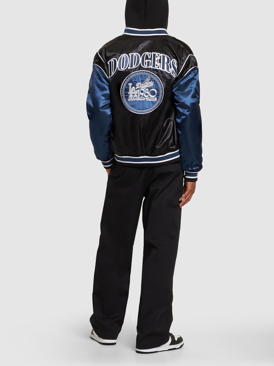 Shop New Era Mlb La Dodgers Satin Varsity Jacket In Black,blue