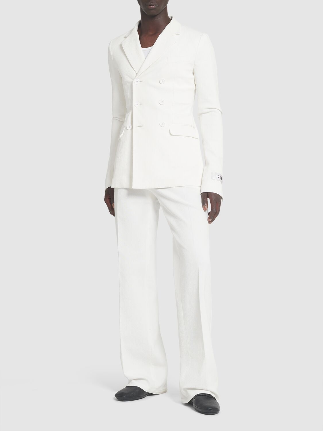 Shop Dolce & Gabbana Cotton Blend Double Breasted Blazer In White