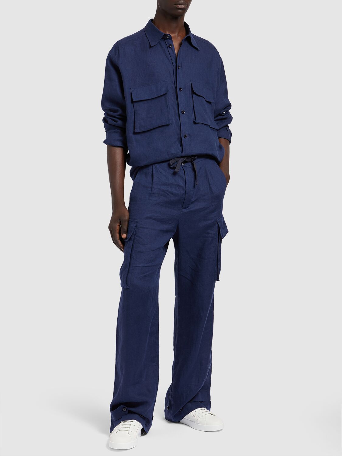 Shop Dolce & Gabbana Linen Cargo Jogging Pants In Blue Scuro