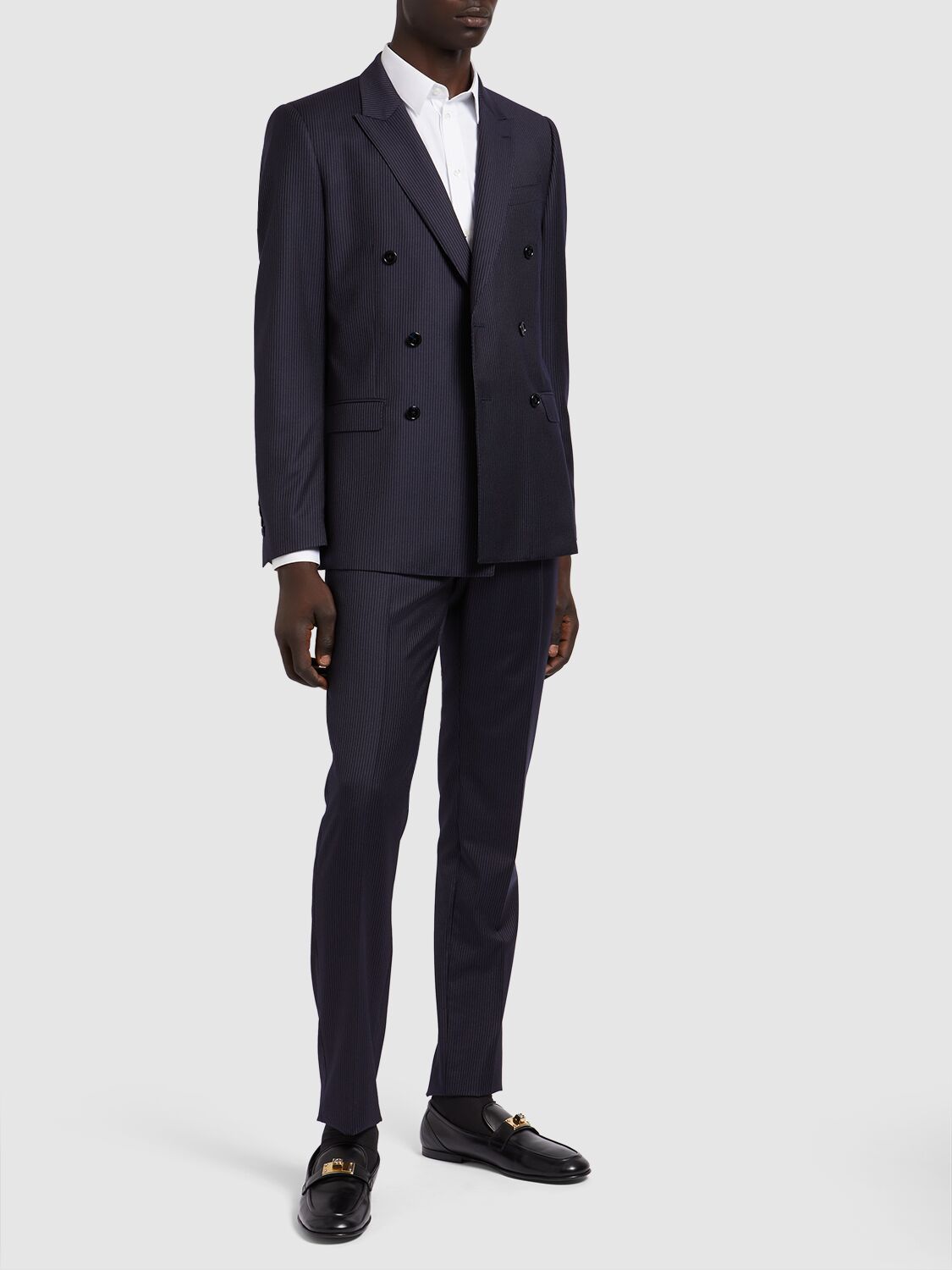 Shop Dolce & Gabbana Double Breasted Wool Herringbone Suit In Blue Stripe