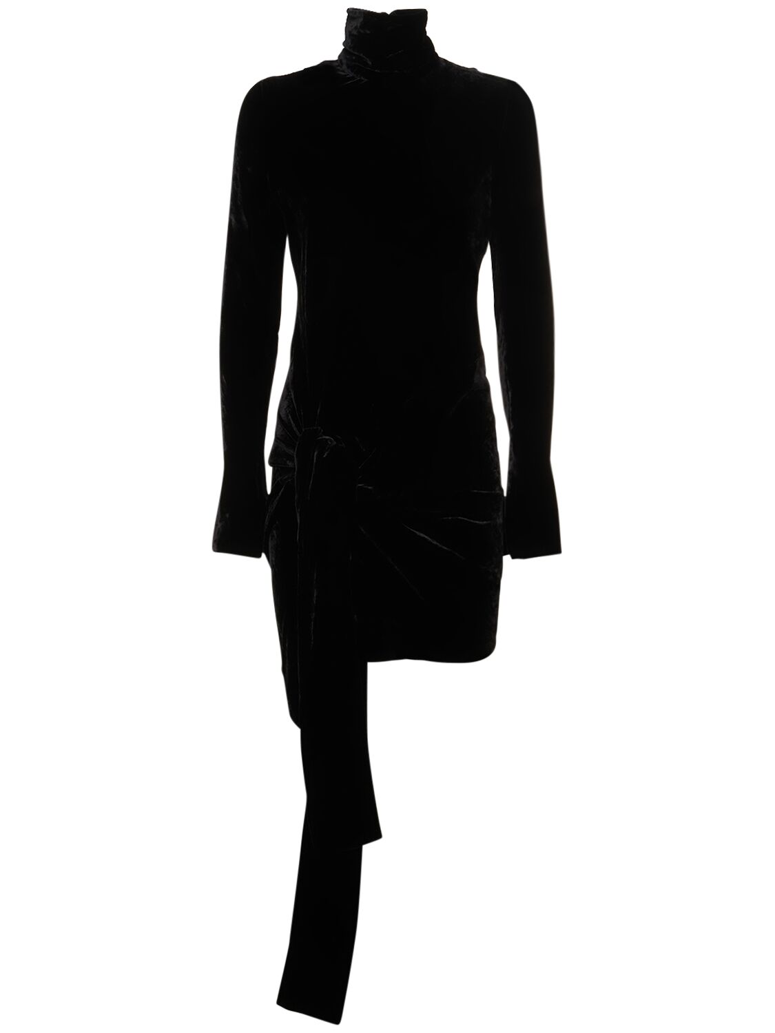 Velvet Turtleneck Mini Dress W/ Knot – WOMEN > CLOTHING > DRESSES