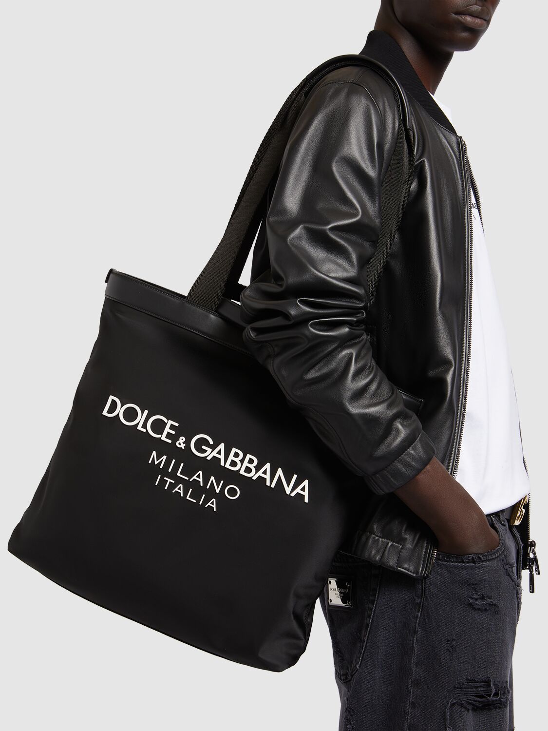 Shop Dolce & Gabbana Rubberized Logo Nylon Tote Bag In Black