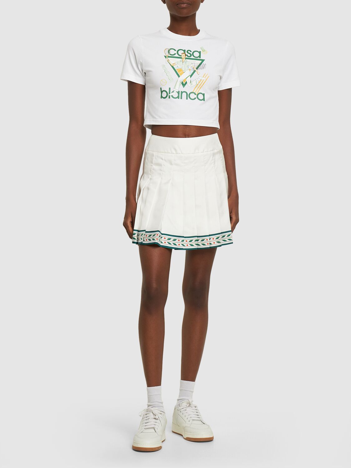 Shop Casablanca Silk Twill Pleated Mini Skirt In White,multi