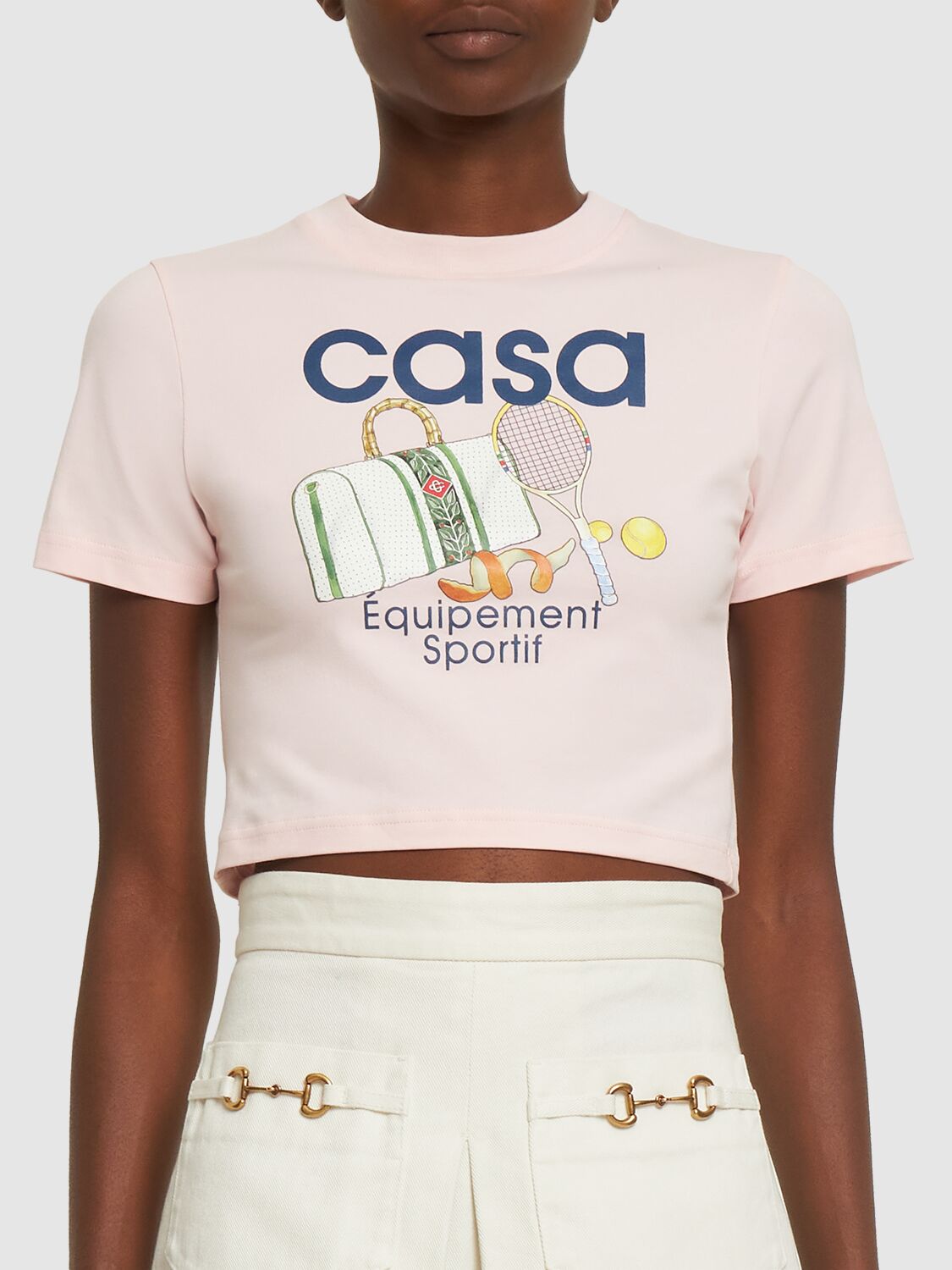 Shop Casablanca Printed Logo Jersey Cropped T-shirt In Pink