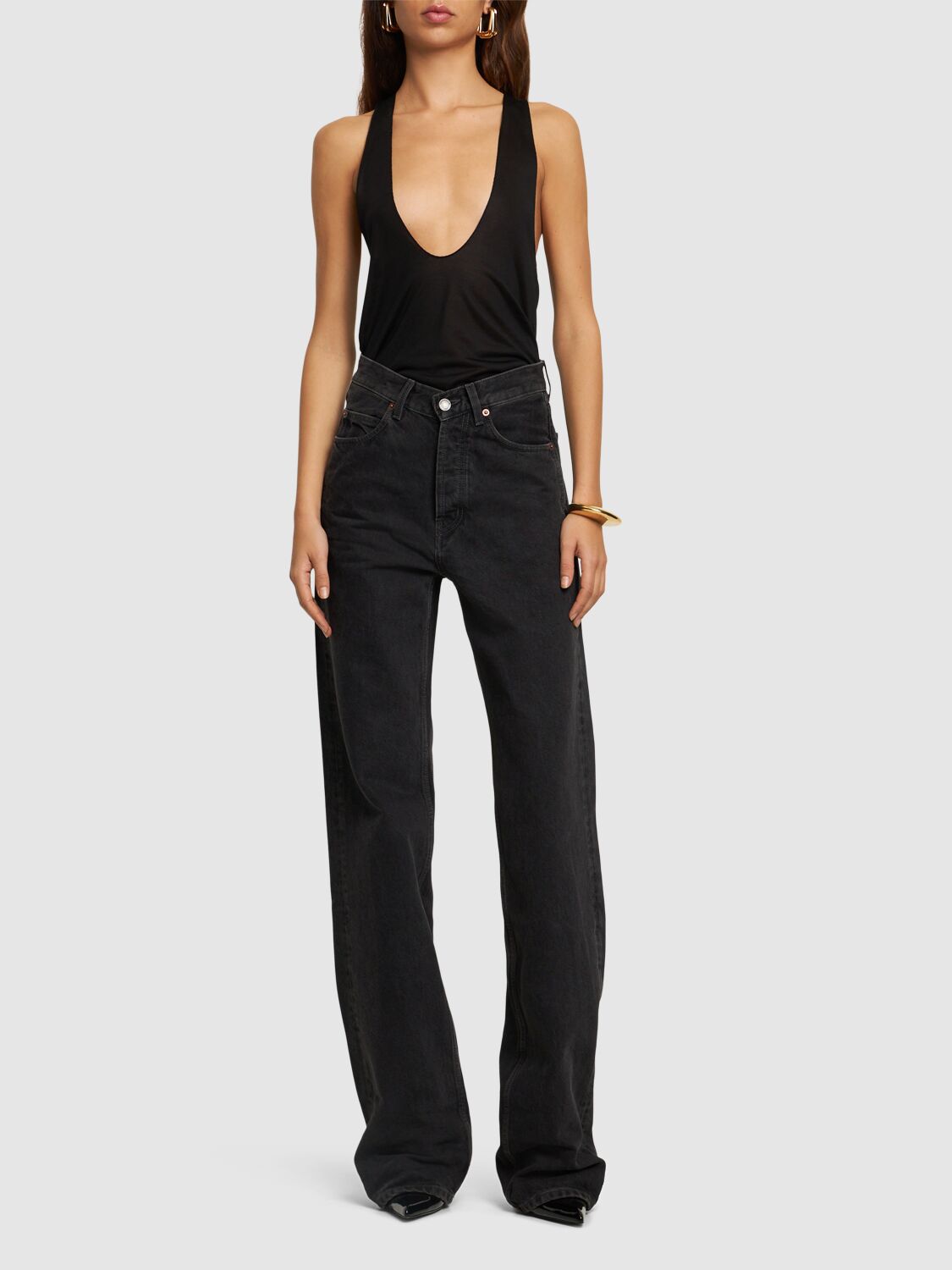 V Waist Baggy Cotton Denim Jeans