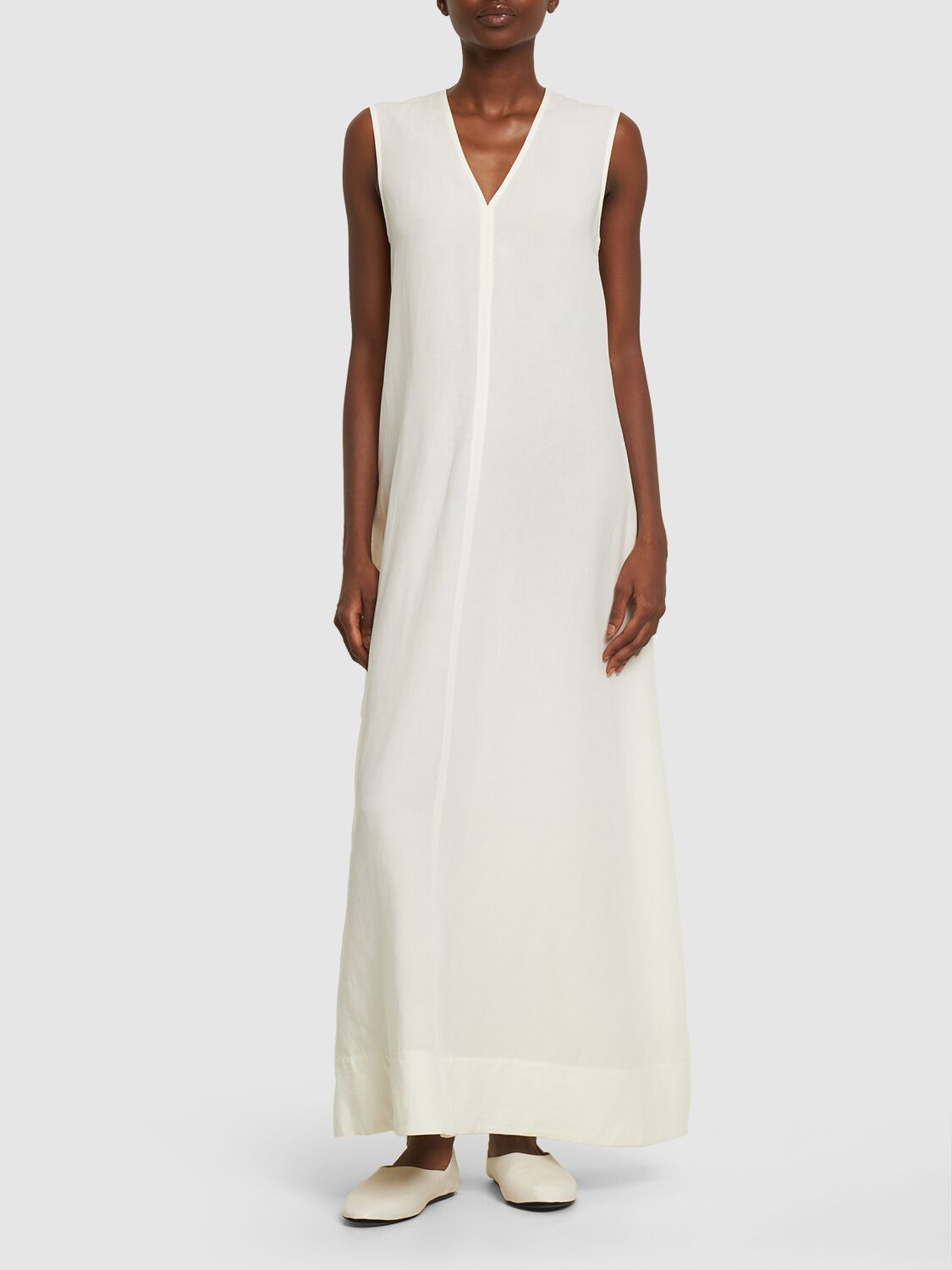 Shop Totême Fluid V-neck Linen Blend Midi Dress In White