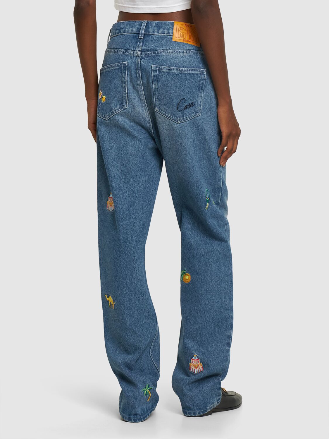 Shop Casablanca Embroidered Denim Straight Jeans In Blue