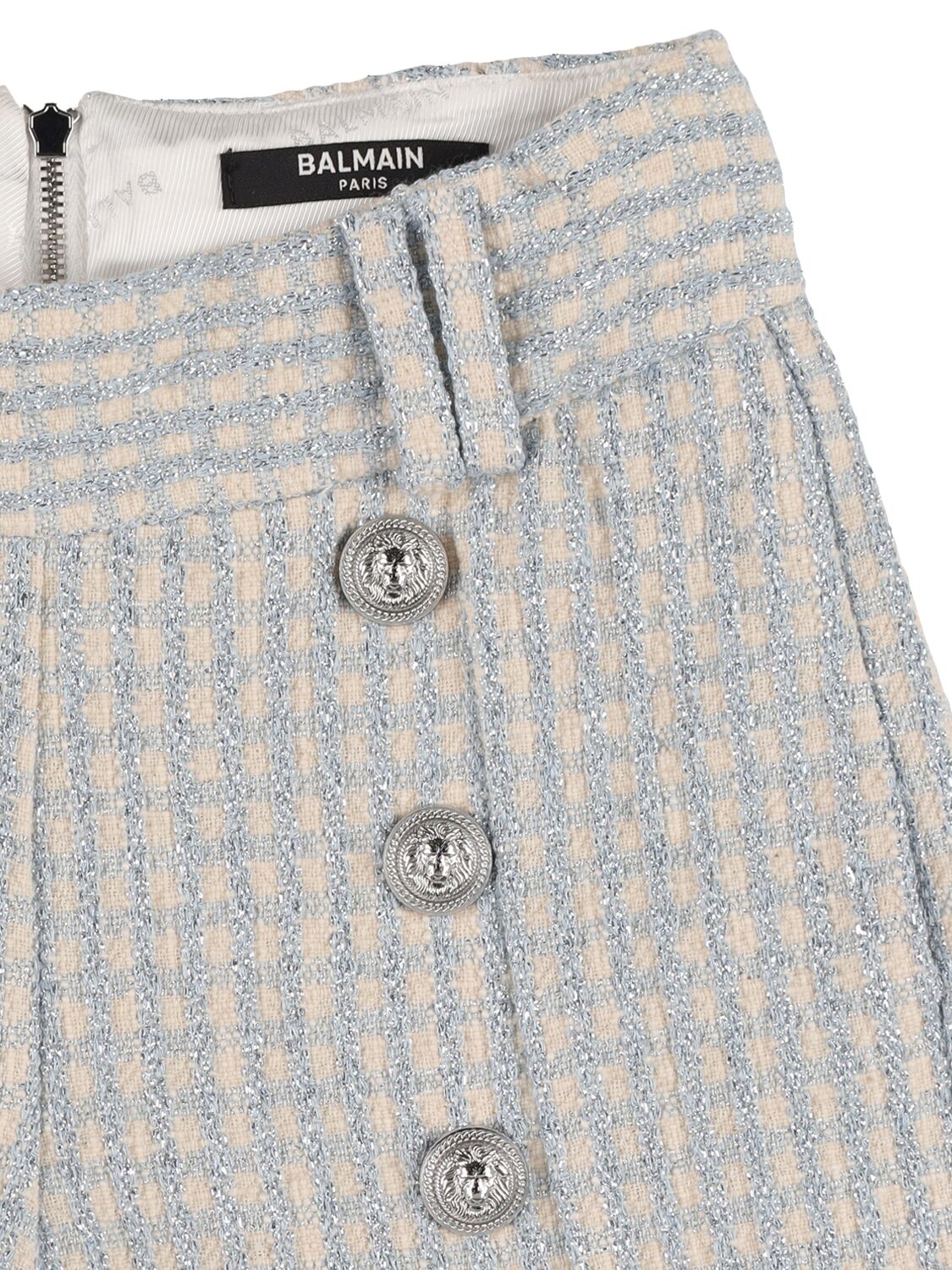 Shop Balmain Lurex Jacquard Shorts In White,blue