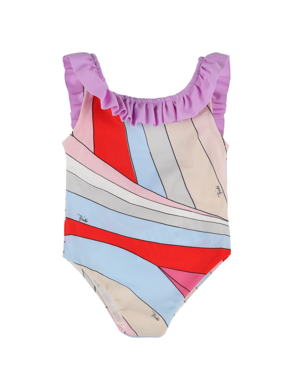 Pucci Kids' Printed Ruffled One Piece Lycra Swimsuit In Ivory,multi