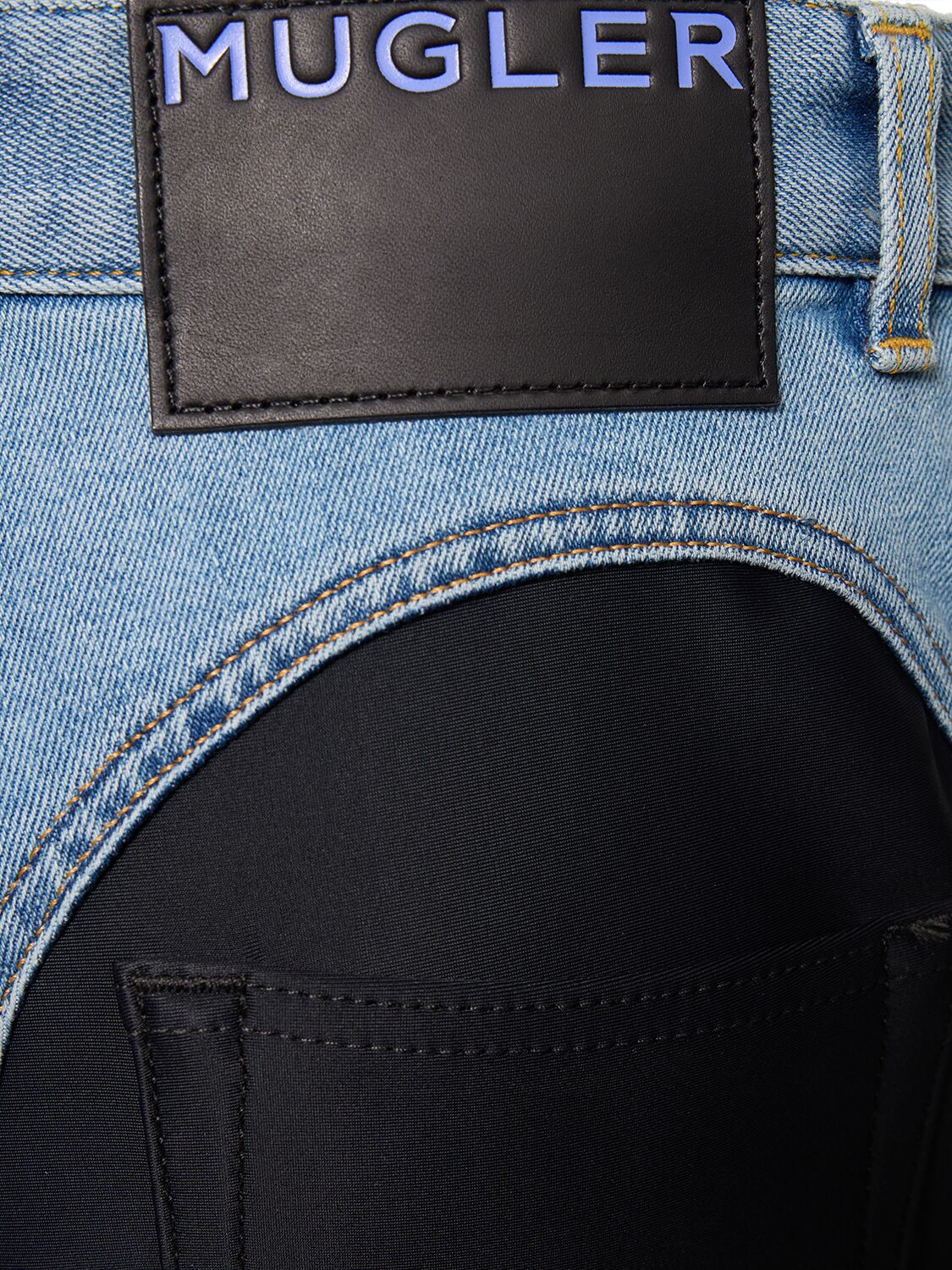 Shop Mugler Spiral Denim & Jersey Zip Skinny Jeans In Blue,black