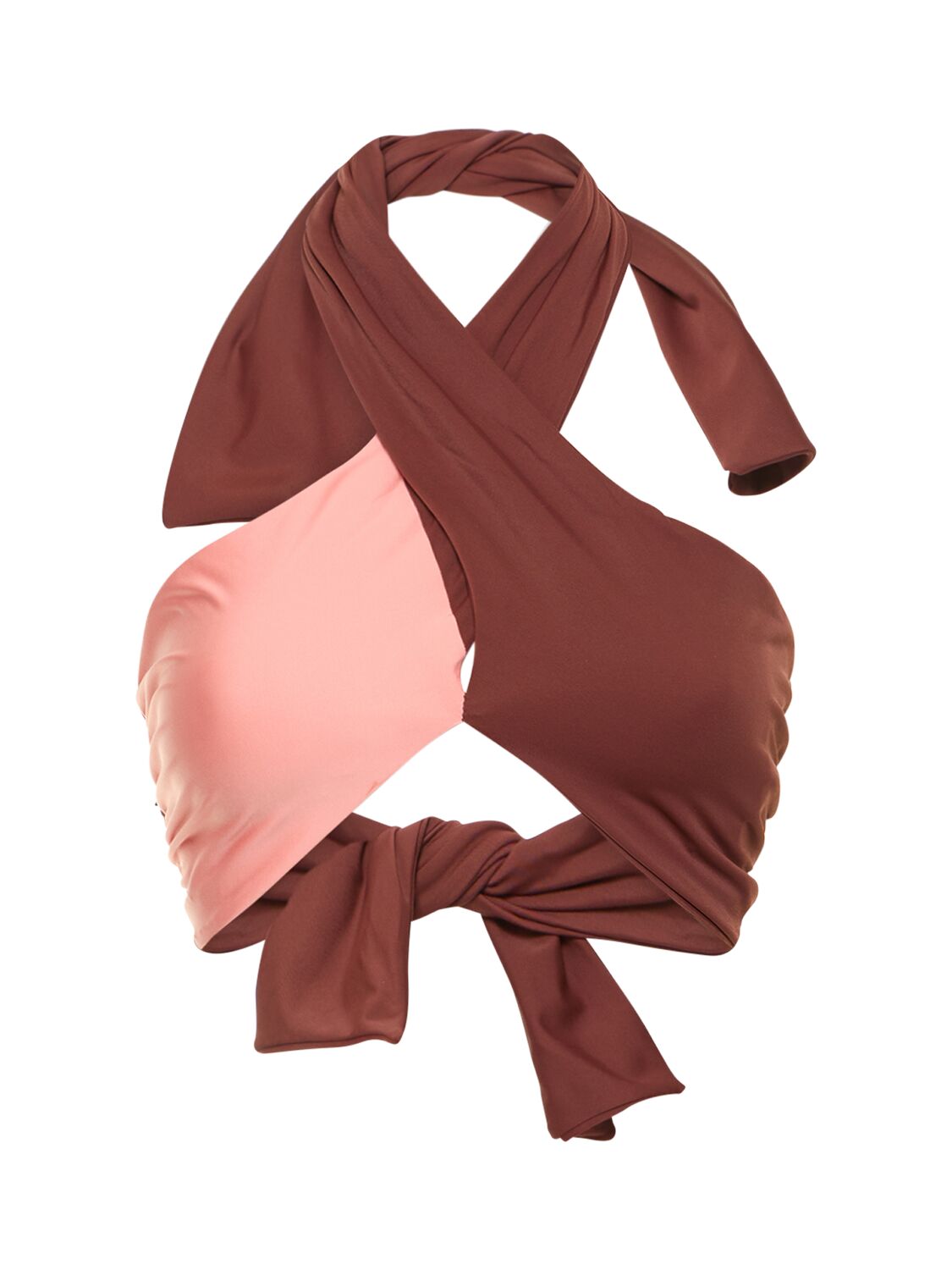 Shop Johanna Ortiz Ginger Spice Crossed Lycra Bikini Top In Brown,pink