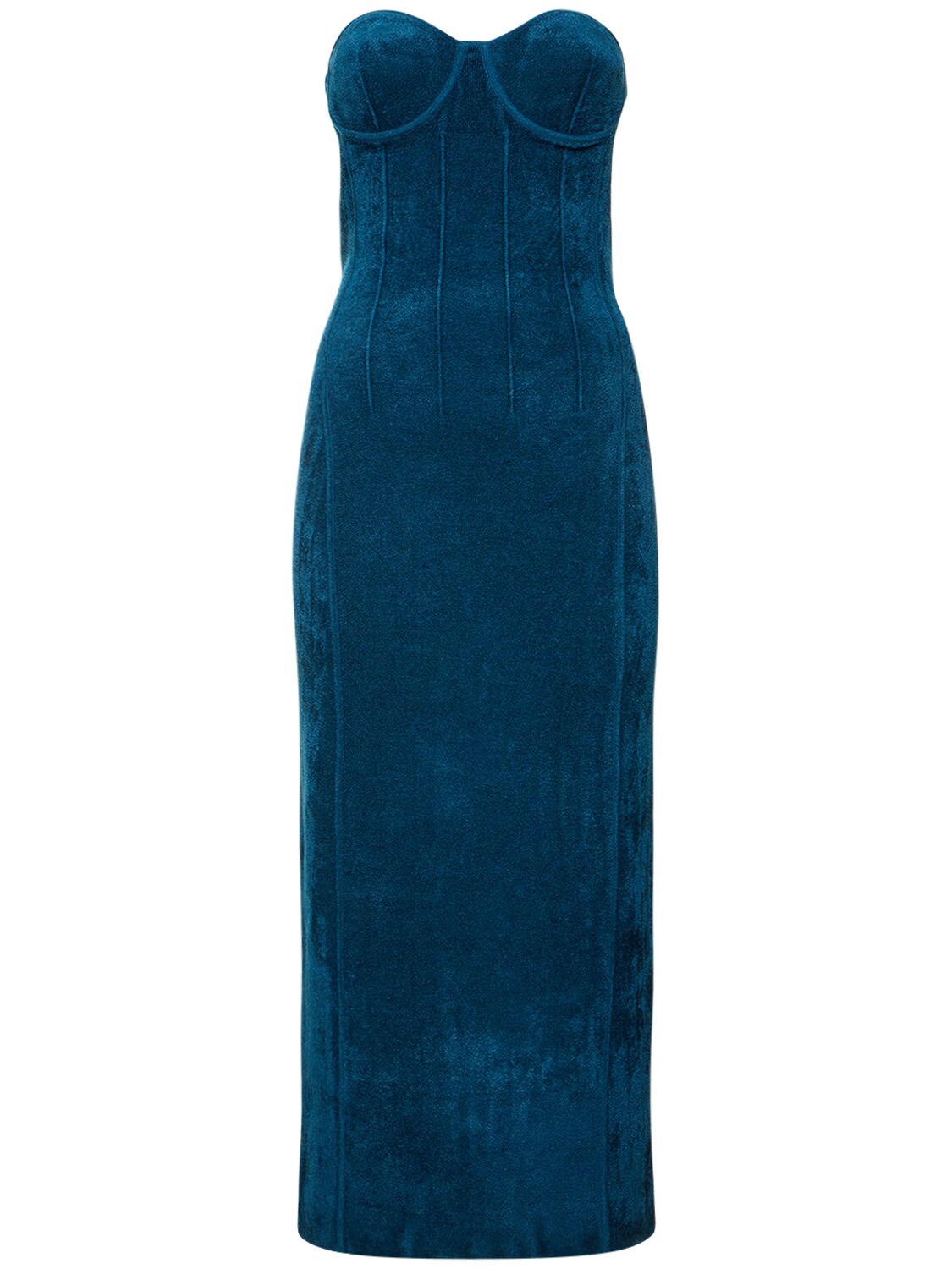 Galvan Compact Velvet Knit Strapless Midi Dress In Blue