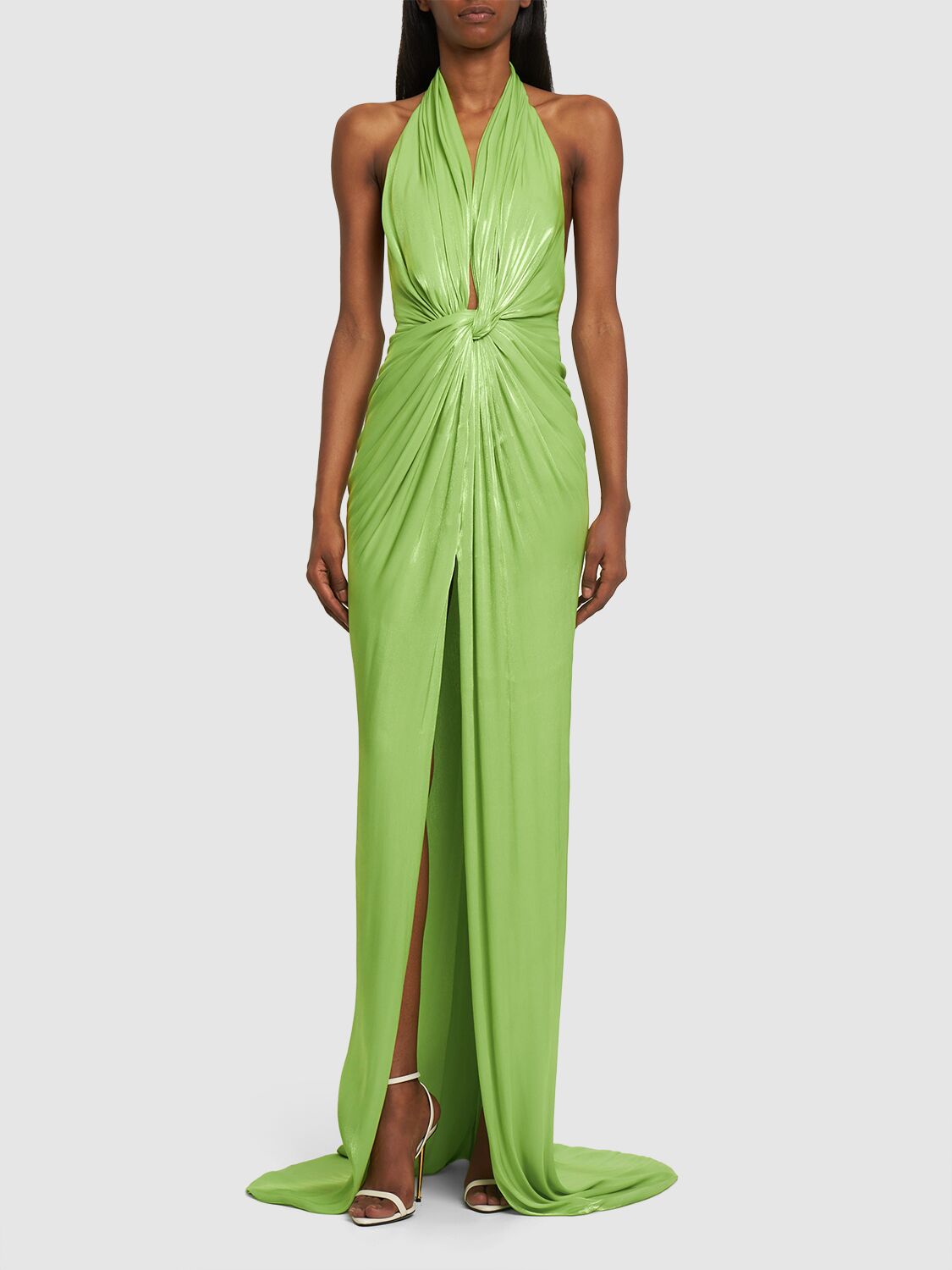 Shop Costarellos Colette Lurex Georgette Knot H/neck Gown In Light Green