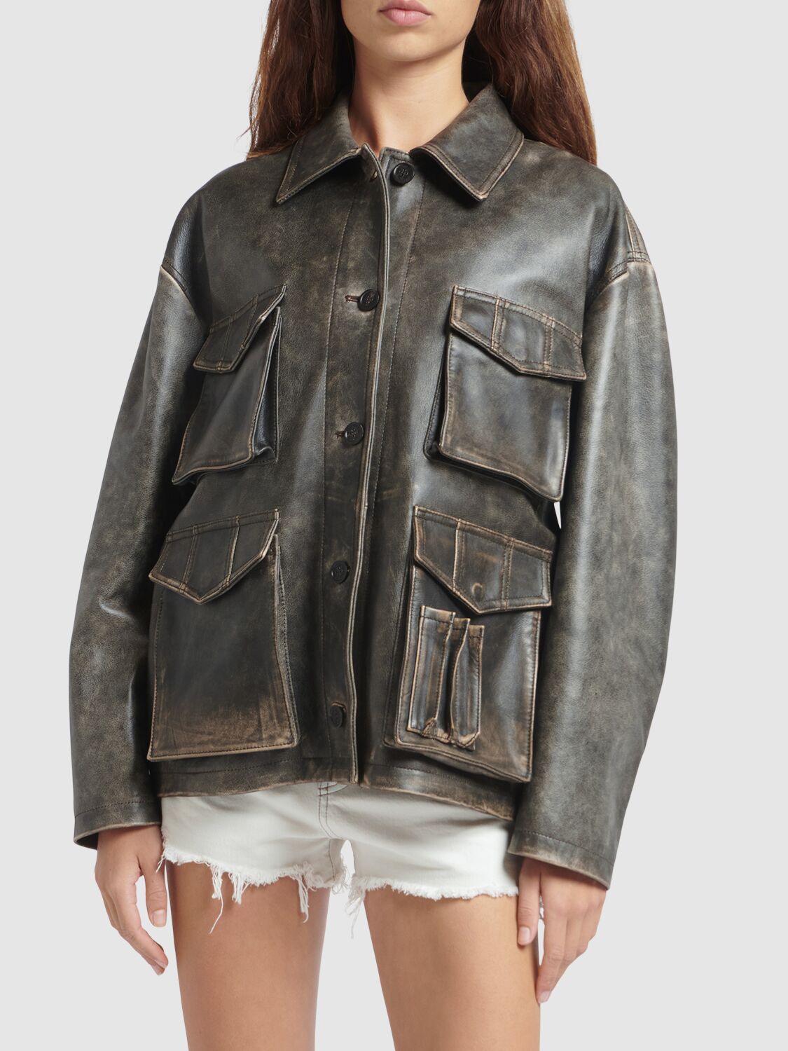 Shop Golden Goose Journey Napa Leather Jacket W/pockets In Vintage Brown