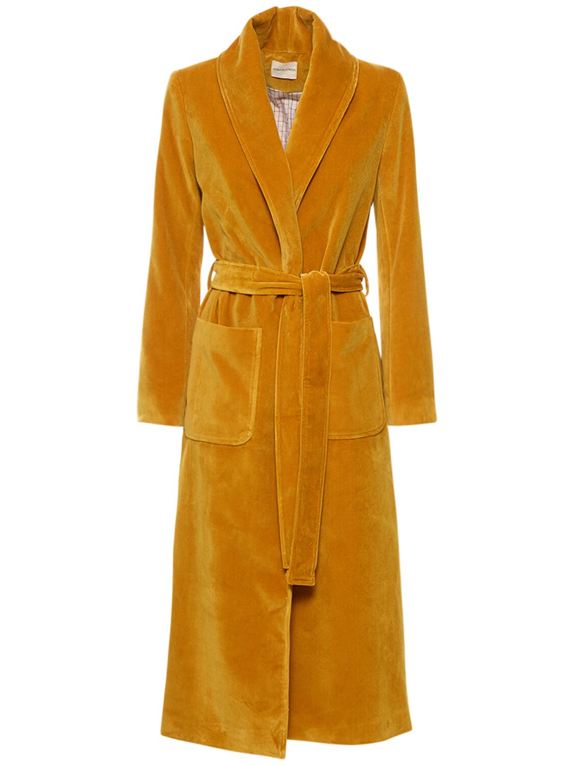 Maria De La Orden Grape Velvet Belted Long Dressing Gown Coat In Yellow