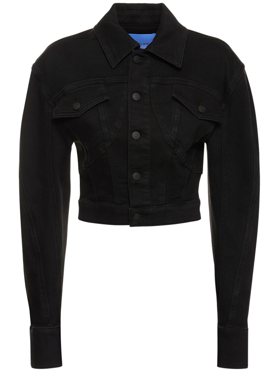 Shop Mugler Cropped Denim Jacket In Black