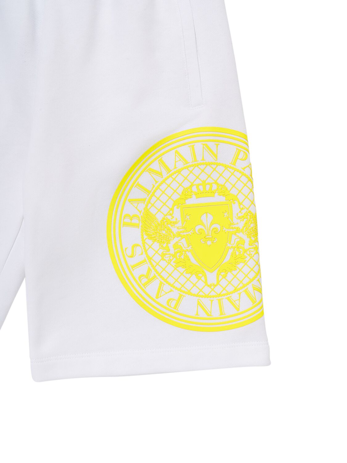 Shop Balmain Printed Cotton Fleece Sweat Shorts In White,yellow