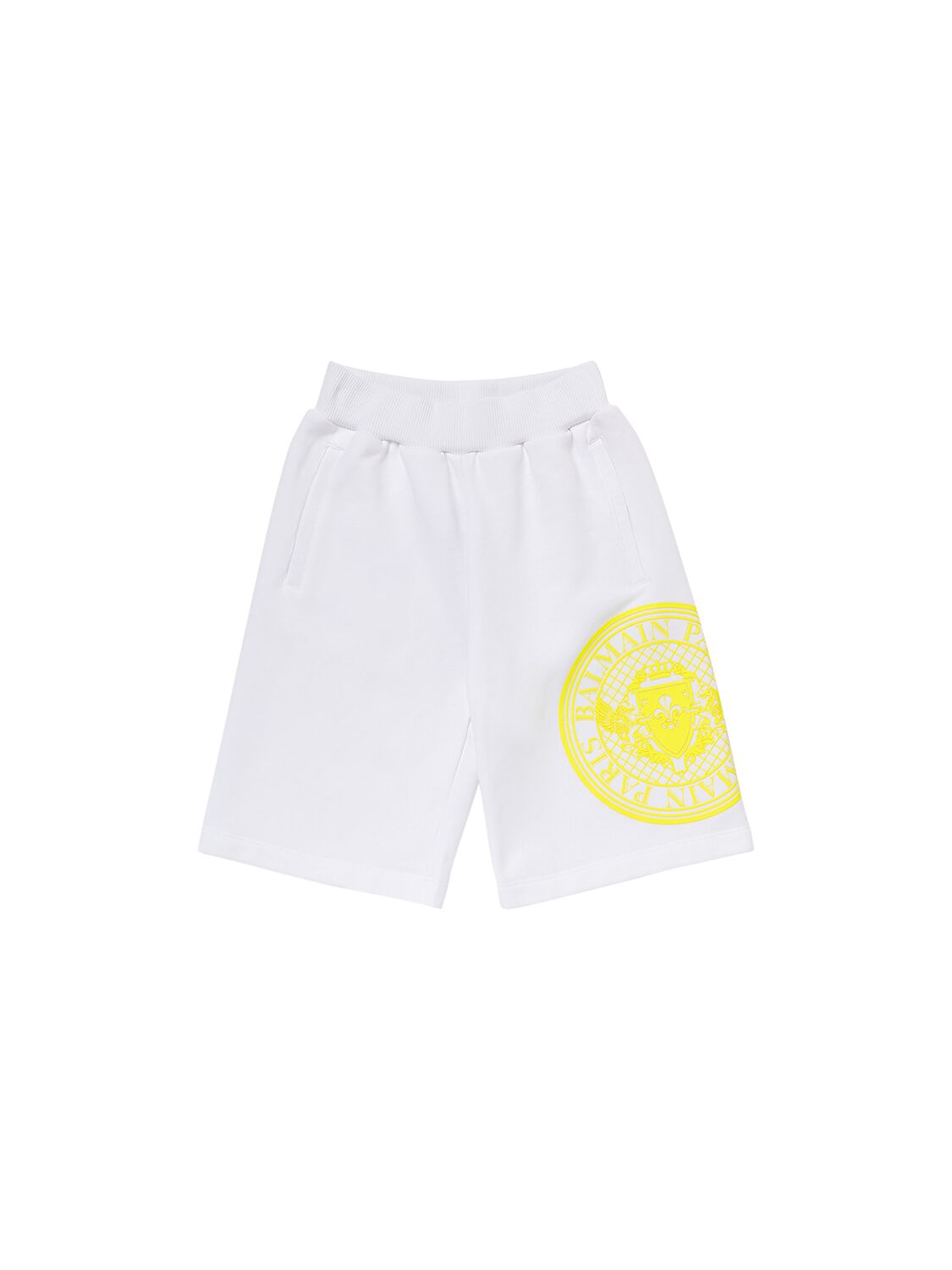 Balmain Kids' Printed Cotton Fleece Sweat Shorts In White,yellow